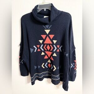 J. Jill Intarsia Funnel Neck Indigo Blue Southwest Aztec Sweater Sz M